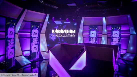 A purple studio environment with the headshots of five Acend players on a screen