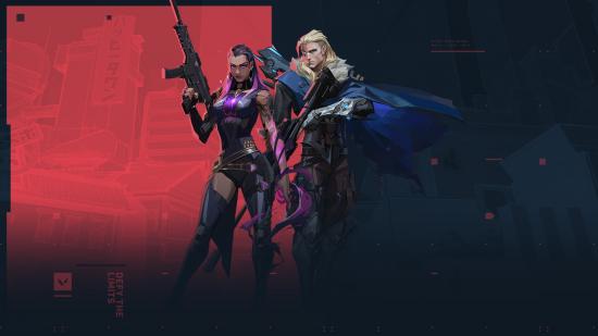 Valorant agents Sova and Astra stand in front of a red and black background