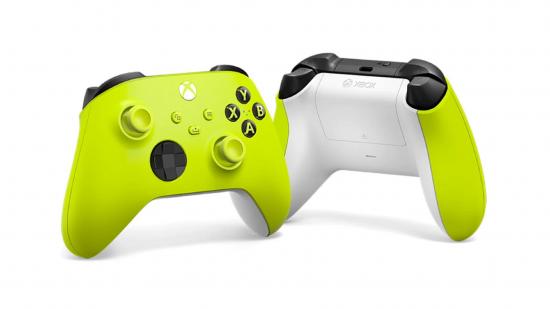 Xbox's vibrant lime green controller against a white background