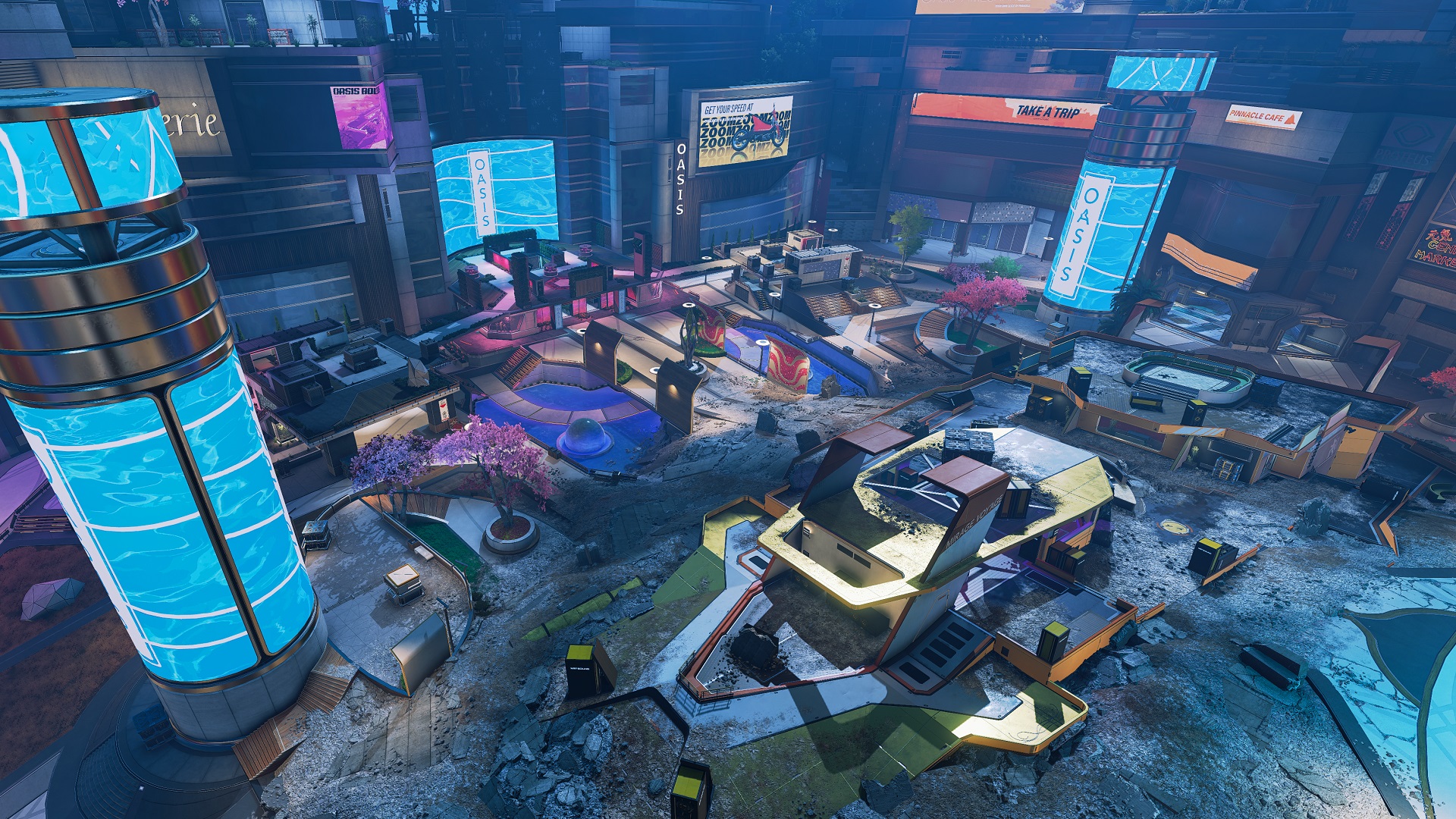 Apex Legends Arenas: A birds-eye view of the Party Crasher map at night.