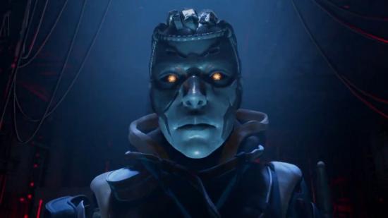 Ash's robotic head is bathed in blue light
