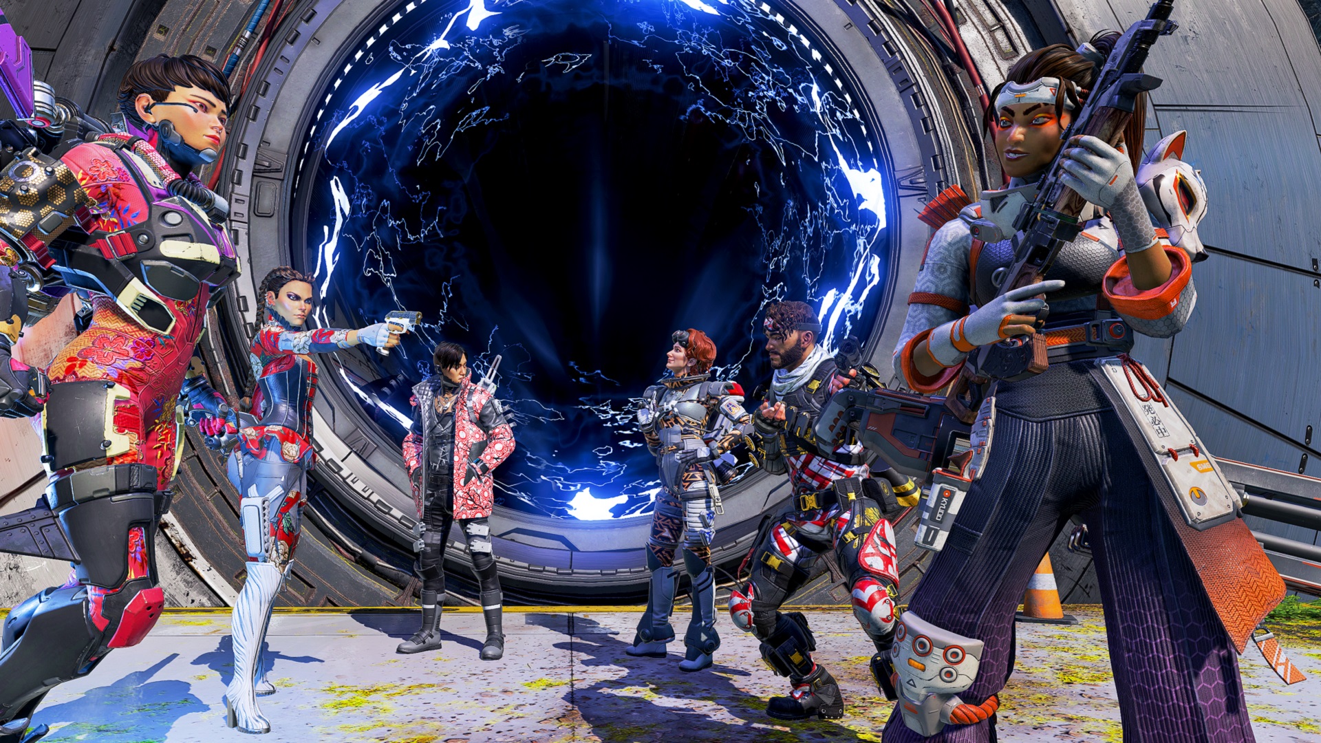 Apex Legends Arenas: Two teams having a face off next to a portal, posing and aiming their weapons.