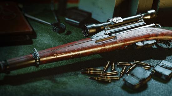 Swiss K31 Warzone loadout: A sniper rifle lies on a table surrounded by bullets and ammo magazines