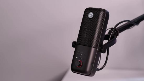 A black elgato microphone on a mic arm