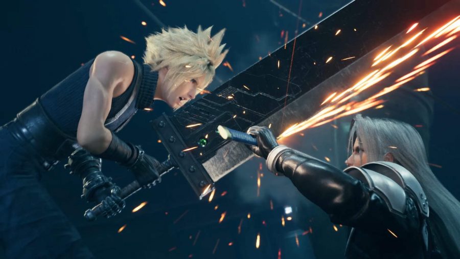 Cloud and Sephiroth clash swords, sending sparks flying