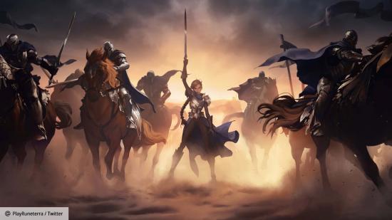 An armoured figure on a dusty battlefield, surrounded by knights on horseback