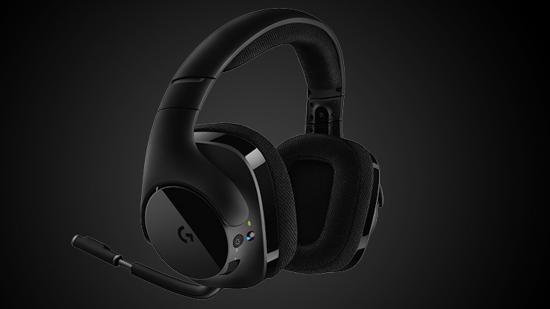 A black wireless headset with a shiny side floats on a gradient black background
