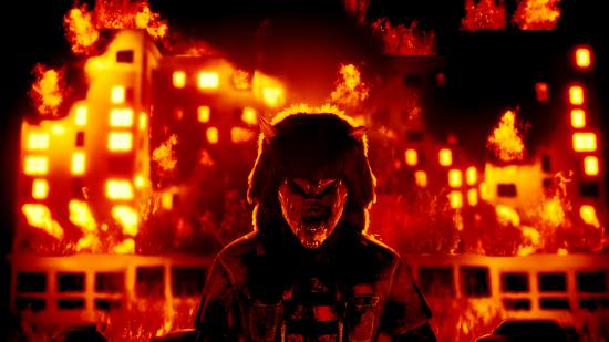 A man in a wolf mask faces the camera menacingly, in front of a burning building