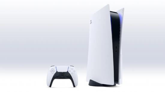 A PlayStation 5 console stands upright next a DualSense controller against a white background