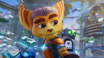 Ratchet looks to the right, with Clank strapped to his back