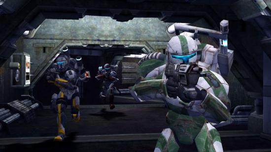 A clone wearing white and green armour aims down the sights of his rifle