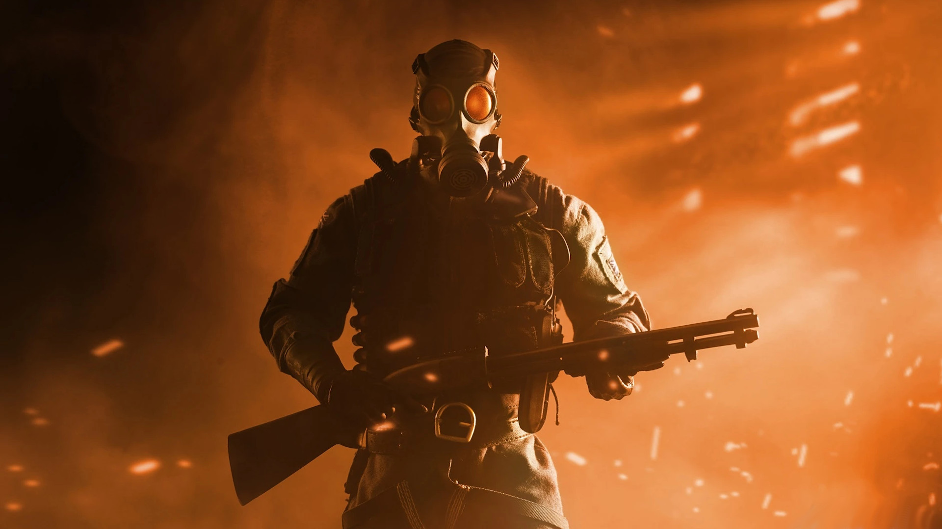 Rainbow Six Siege North Star: Smoke wearing a gas mask and gripping a pump shotgun tightly with embers in the background.