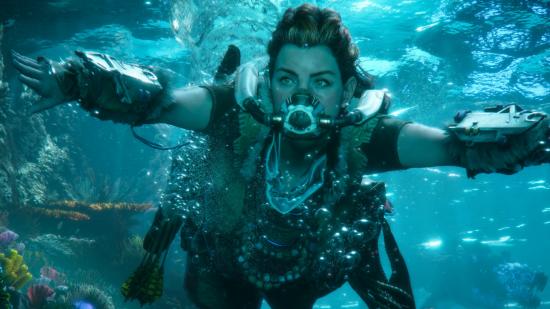 Aloy swims underwater with breathing apparatus over her mouth and nose