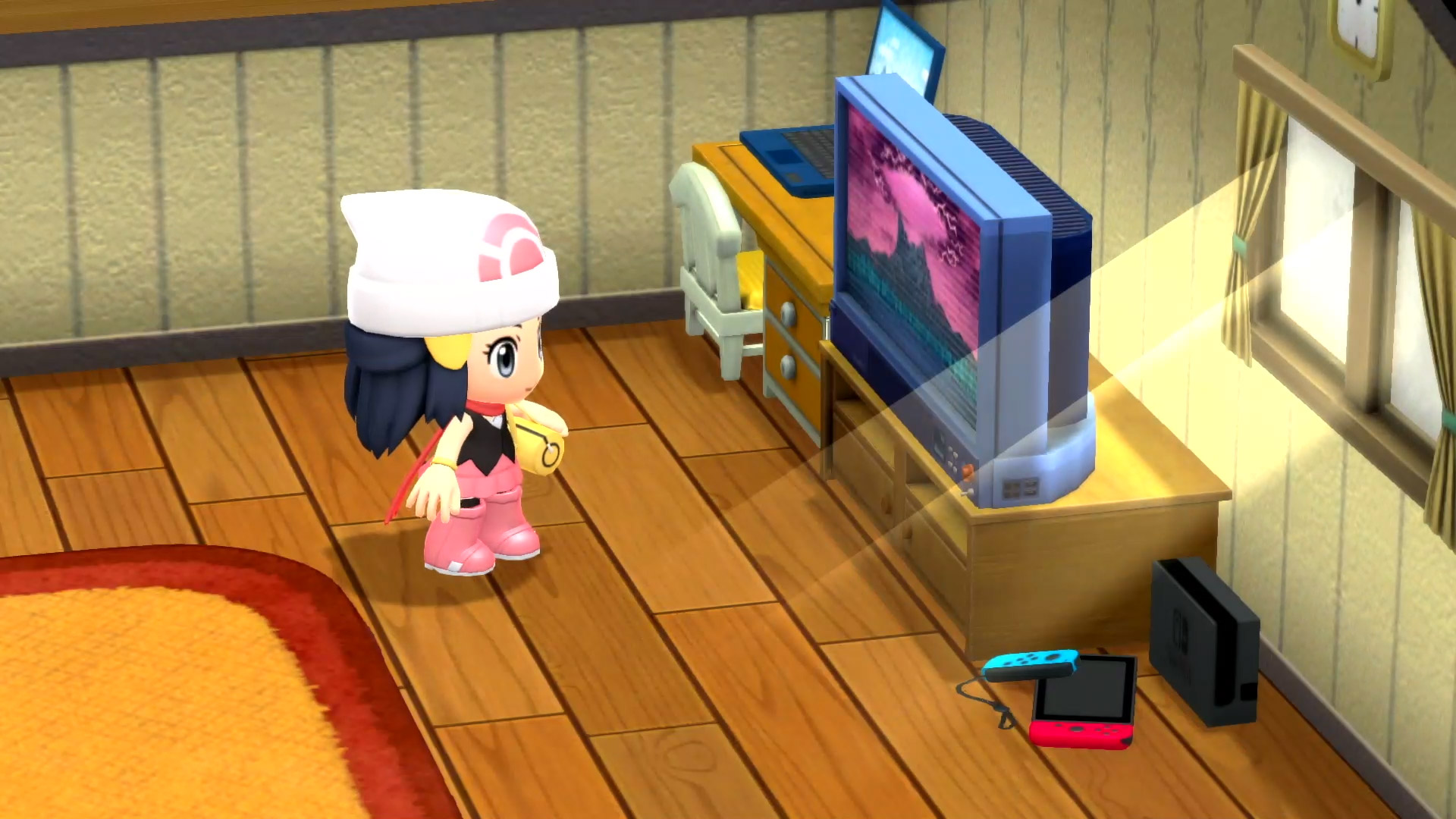 Pokémon Brilliant Diamond and Shining Pearl: A female Pokémon trainer in a chibi art style watching television.