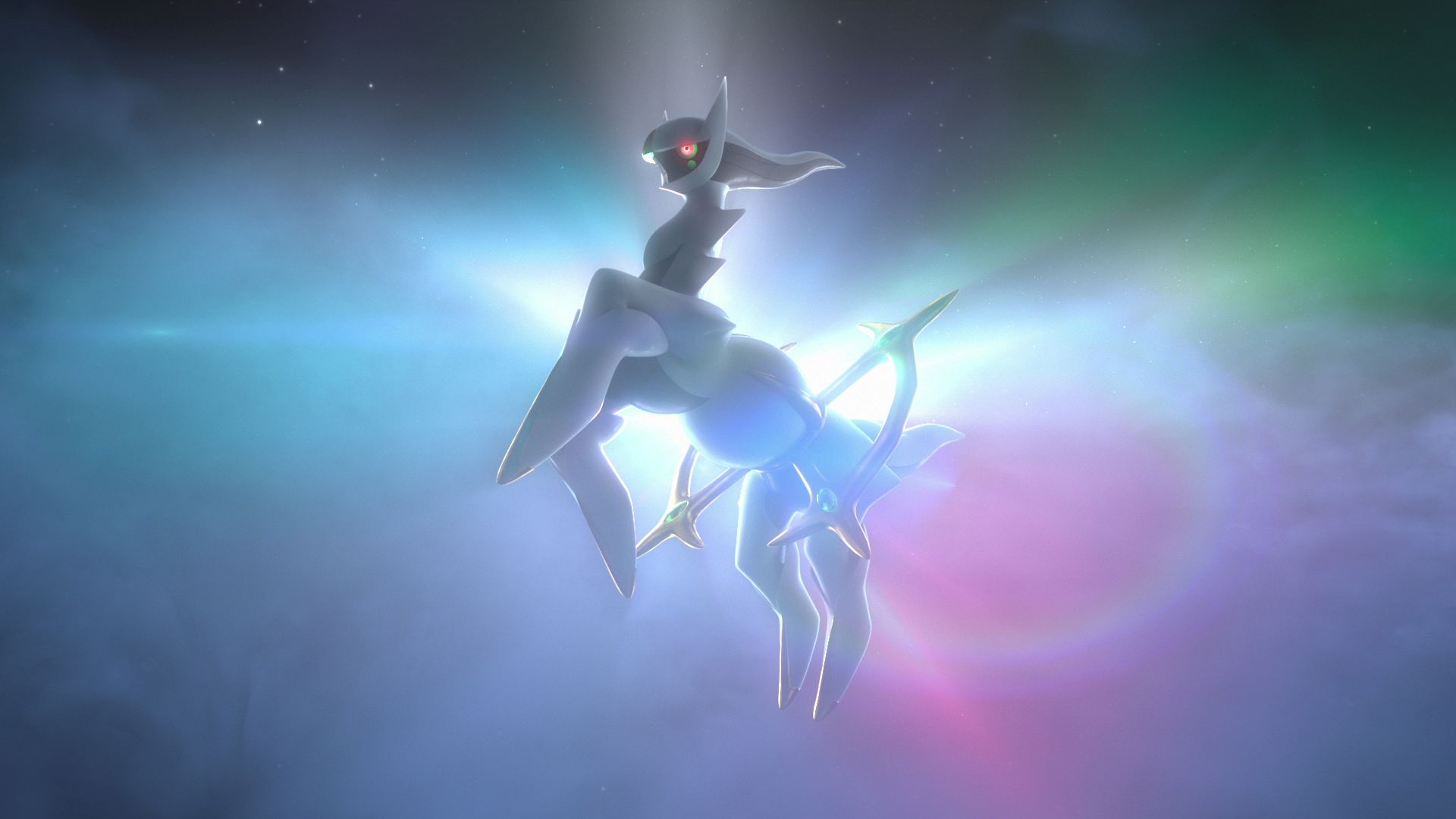 Pokémon Legends Arceus: Arceus floats in mid-air, a rainbow of colour glares from behind it.