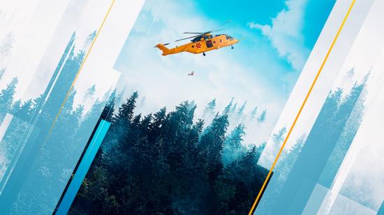 An orange helicopter flying high above a forest while someone hangs off a wire