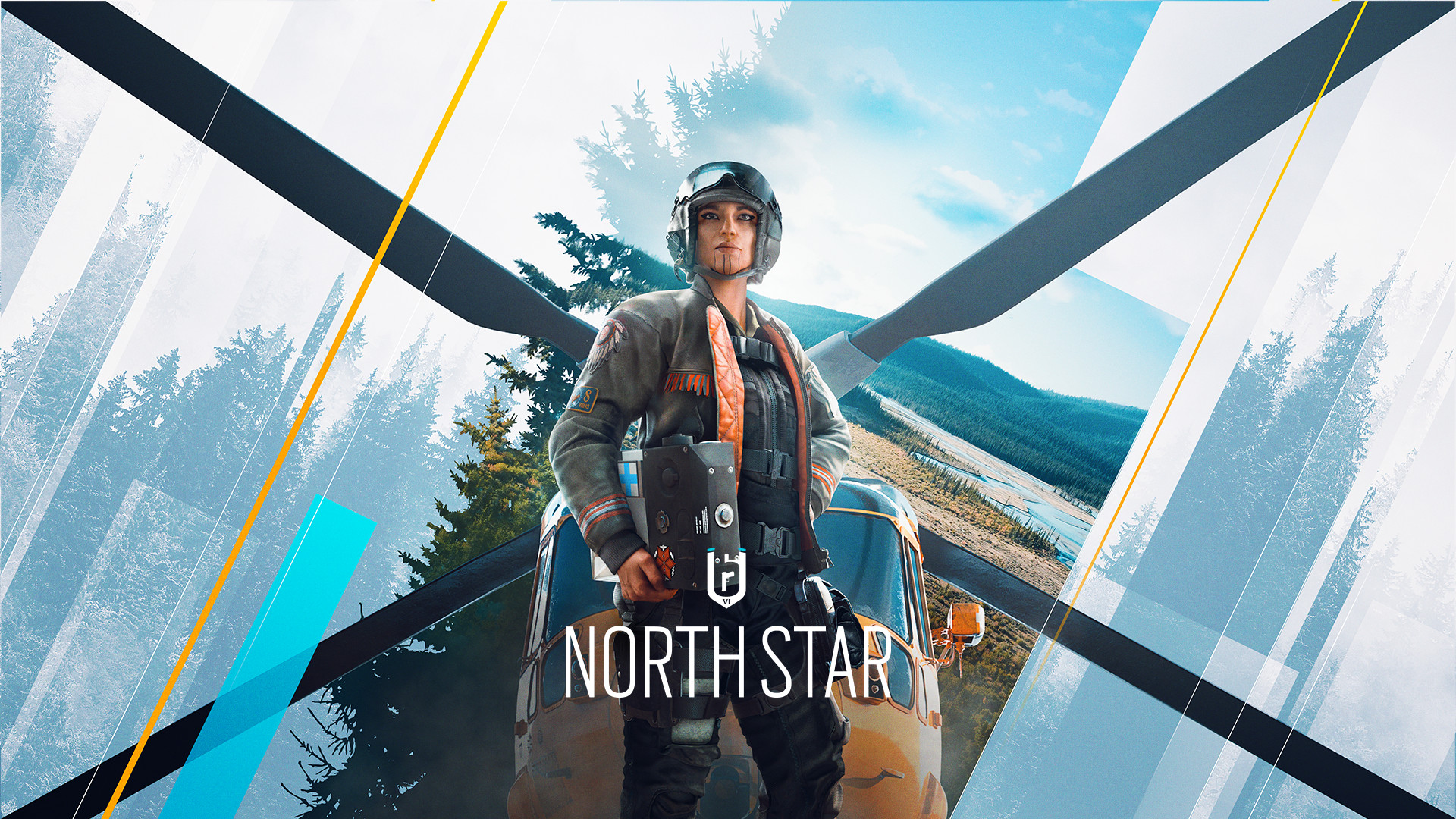 Rainbow Six Siege North Star: Official Operation North Star promotional art, showing Thunderbird standing in front of a helicopter, with the blades reaching into the corners of the image.