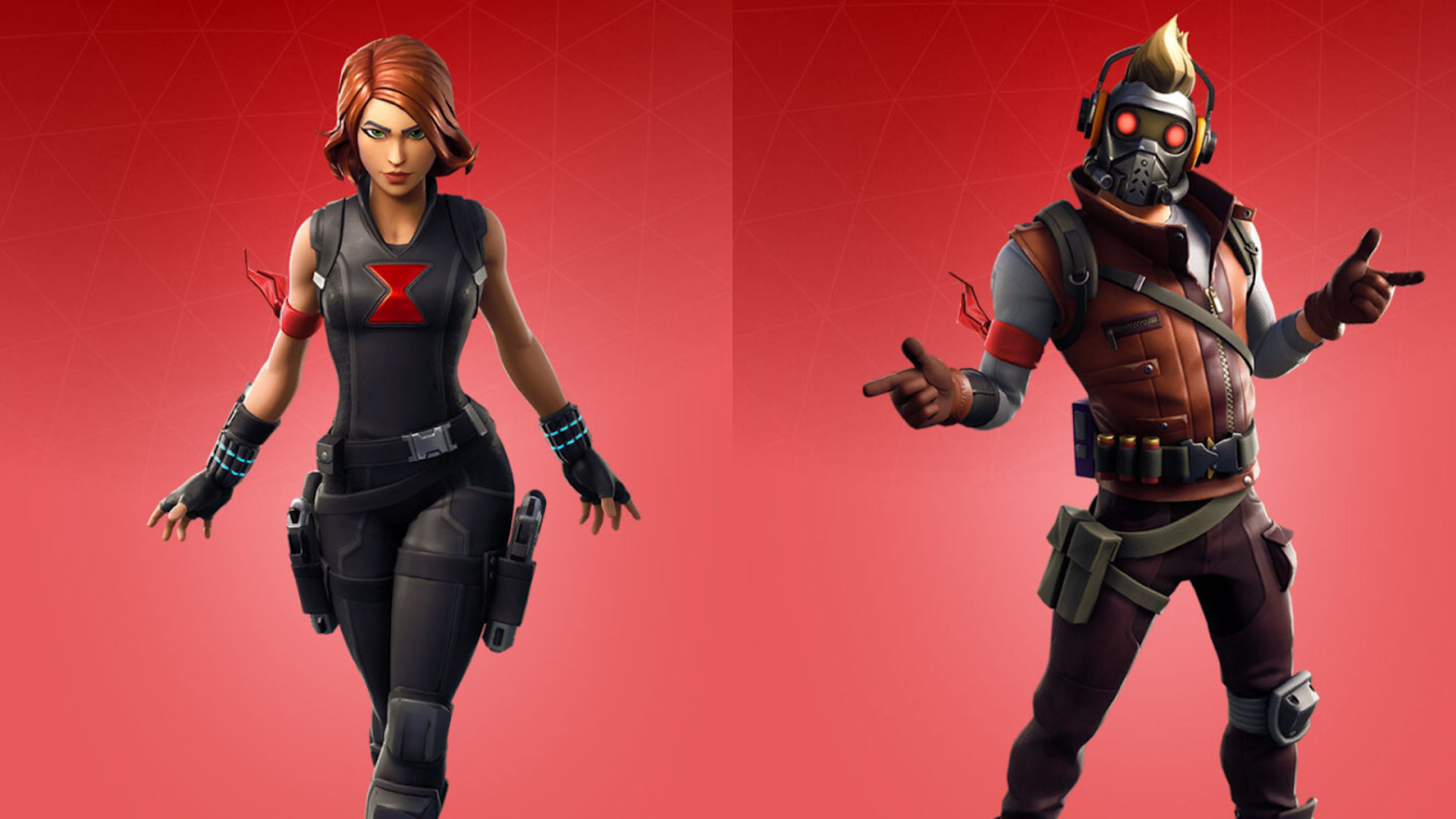 Rarest Fortnite skins: Black Widow on the left and Star Lord on the right, both posing with their arms out.