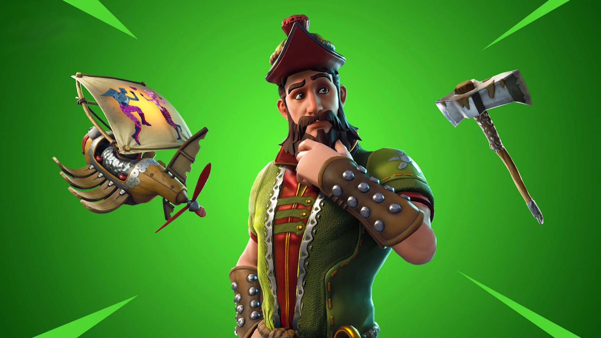 Rarest Fortnite skins: Hacivat posing with his hand on his chest, with a glider to the left and an ice to the right.