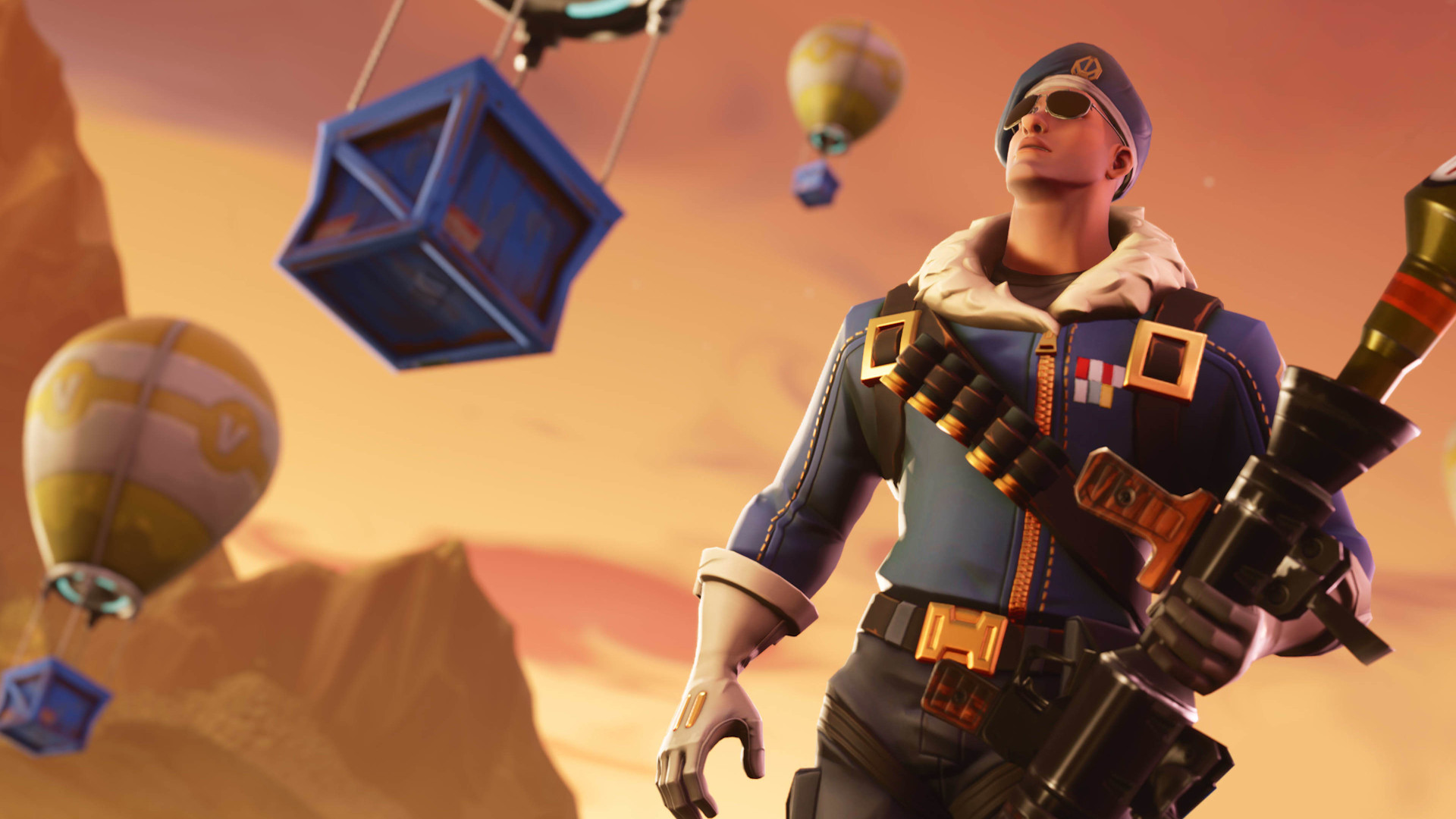 Rarest Fortnite skins: The Royale Bomber holding a rocket and looking up towards the sky, with several hot air balloon crates in the background.