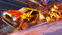 A fiery red car flying away from the Rocket League goal