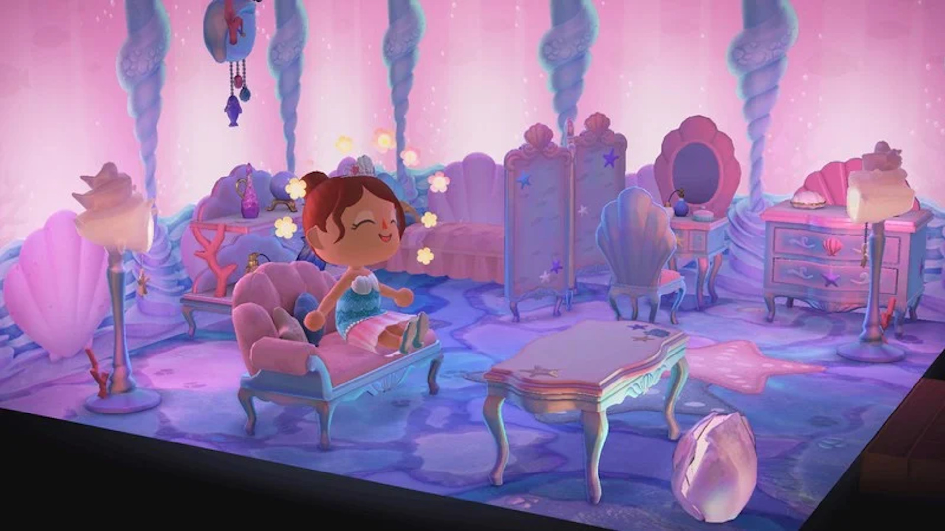 Animal Crossing New Horizons island ideas: An Animal Crossing character dressed as a mermaid in a sea-themed room.