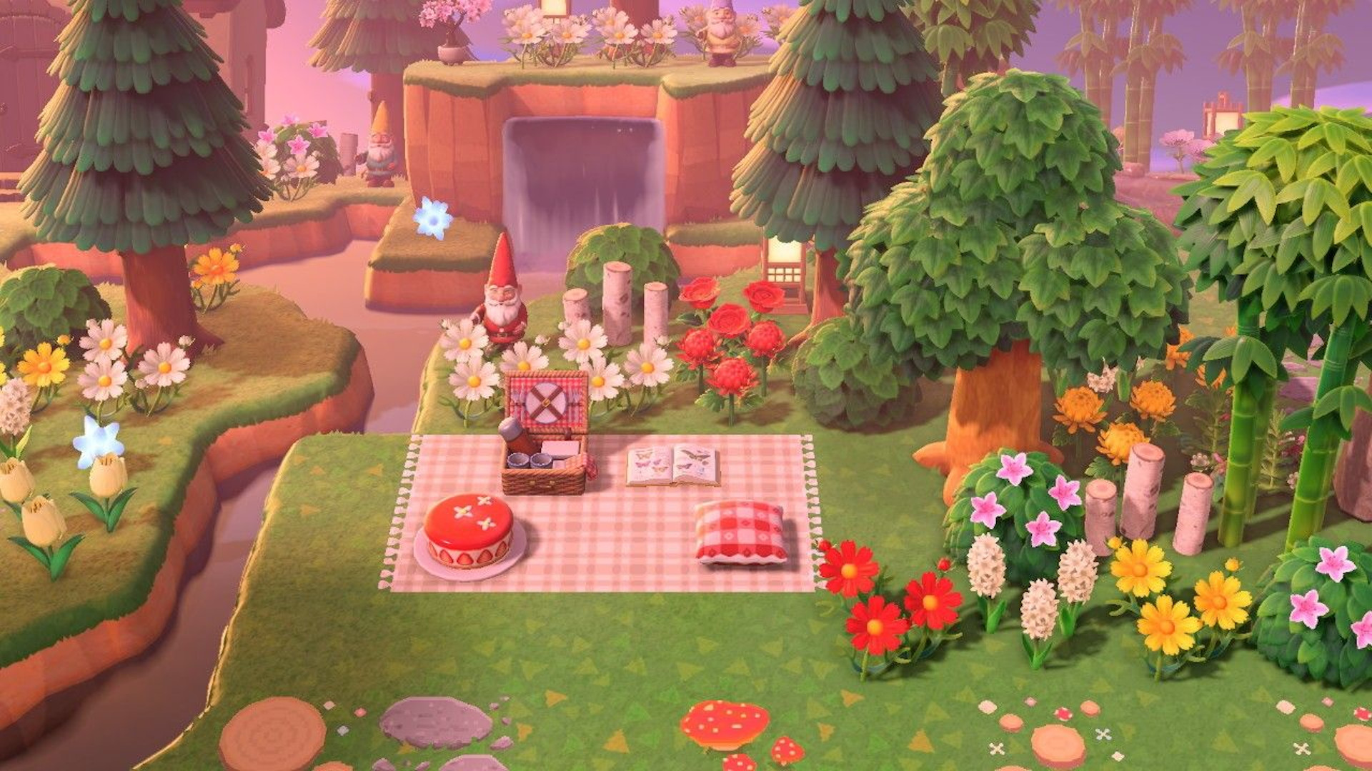 Animal Crossing New Horizons island ideas: A lovely summer picnic setting in an Animal Crossing park.