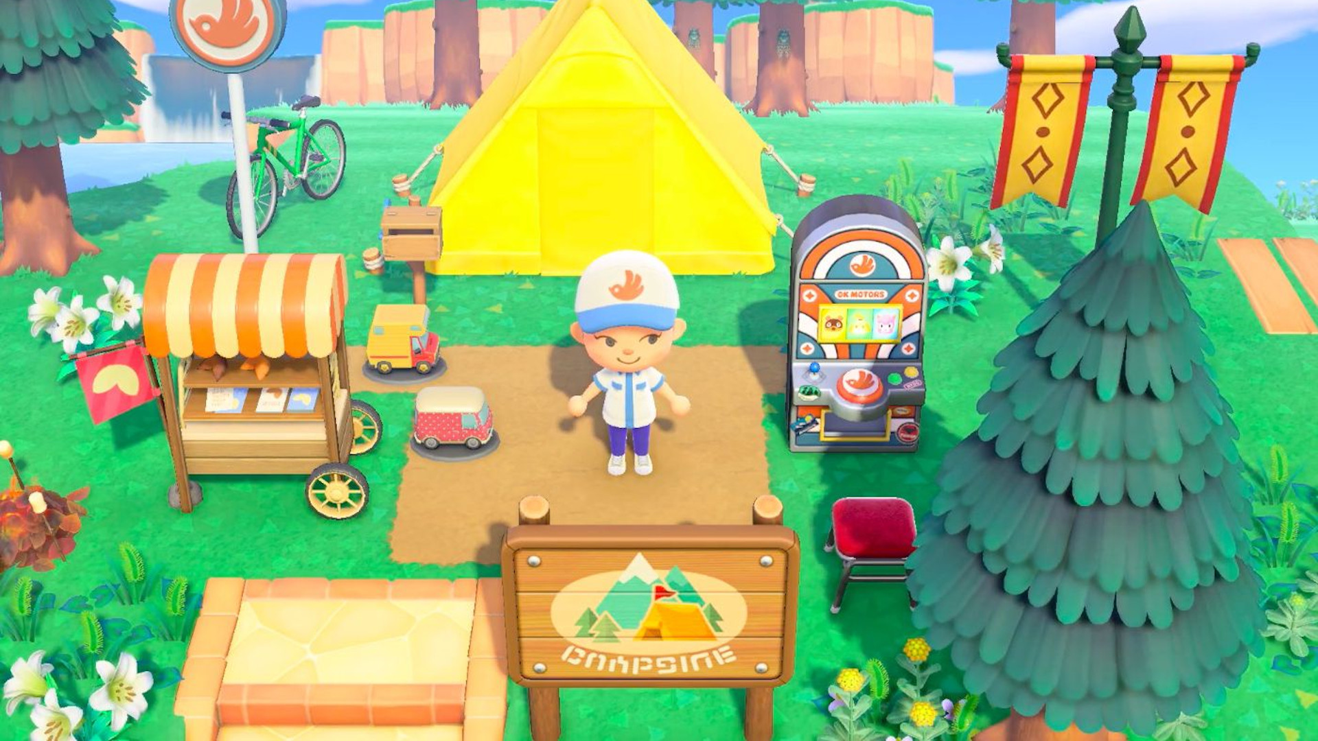 Animal Crossing New Horizons island ideas: Animal Crossing Pocket Camp items surrounding the character.