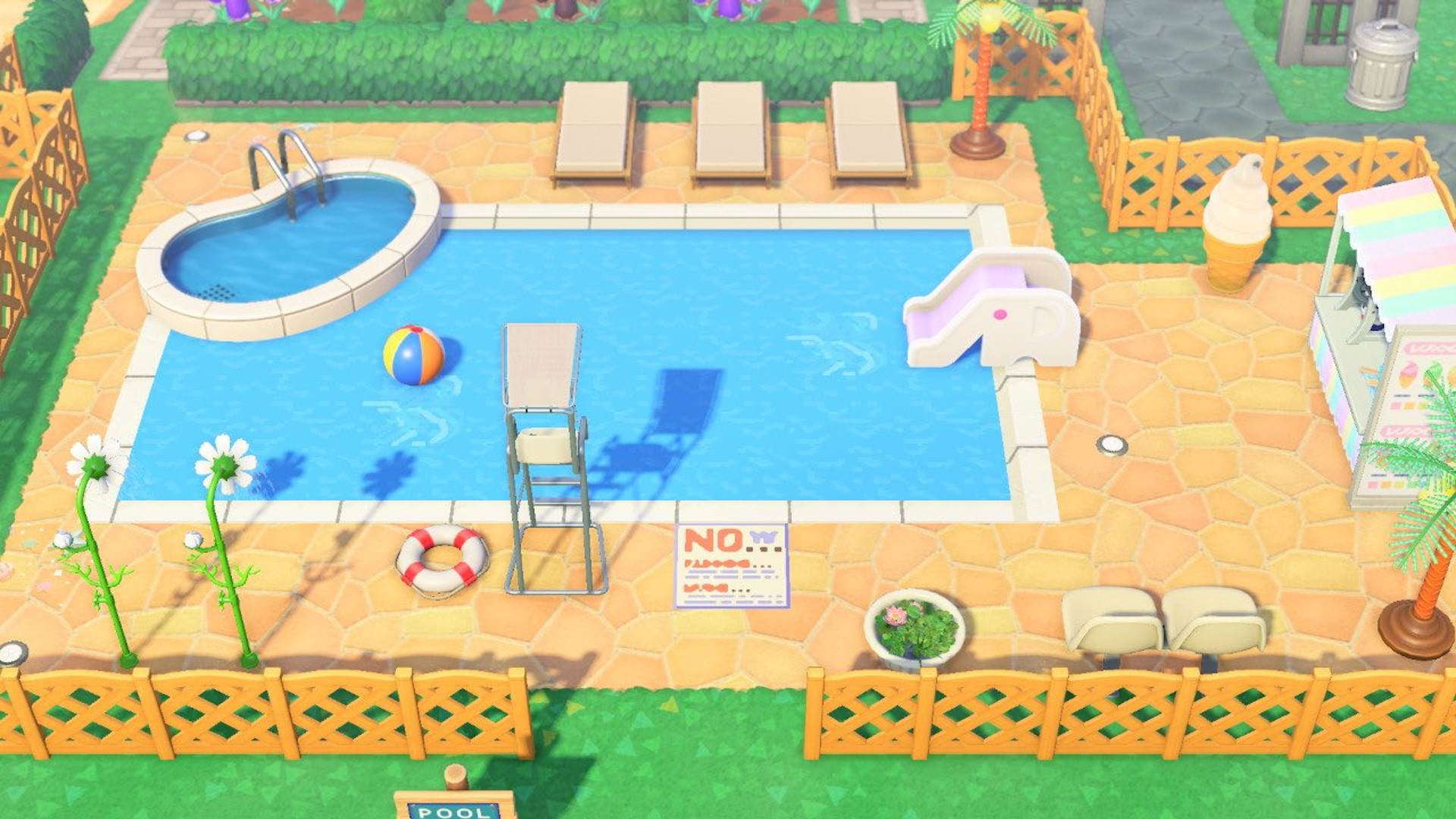 Animal Crossing New Horizons island ideas: A pool party in Animal Crossing, with several chairs, an ice cream stand, showers, and more.