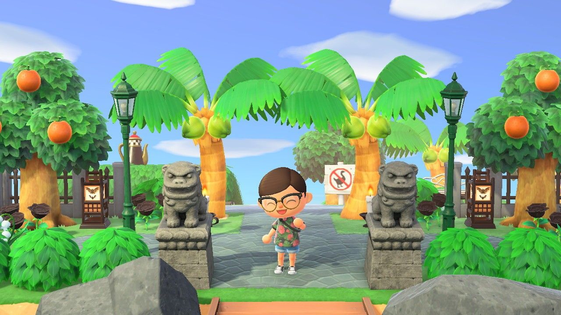Animal Crossing New Horizons island ideas: An Animal Crossing character stood in a summery, holiday island, posing for the camera with a smile.