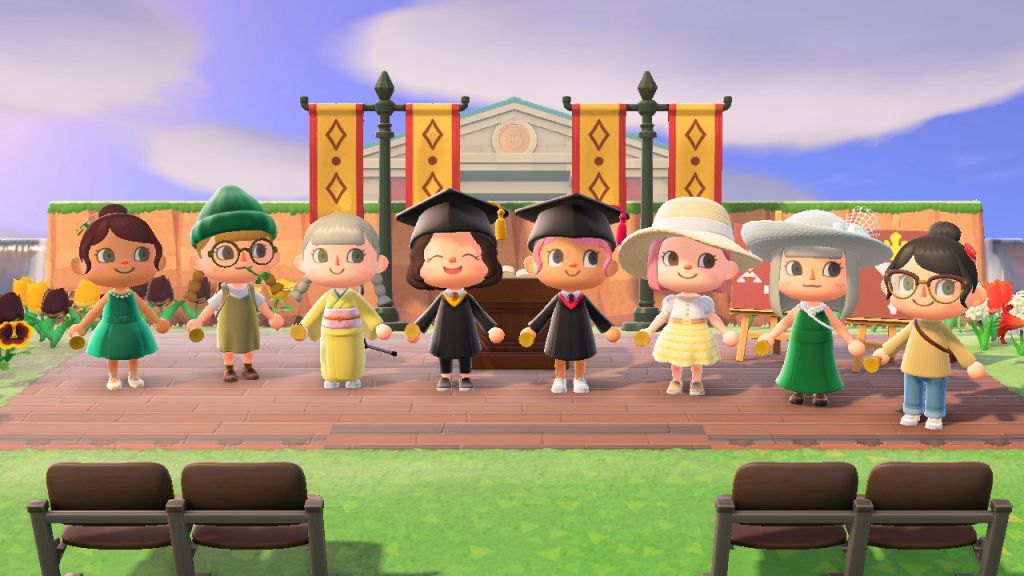 Animal Crossing New Horizons island ideas: Two recent graduates and their friends in Animal Crossing.