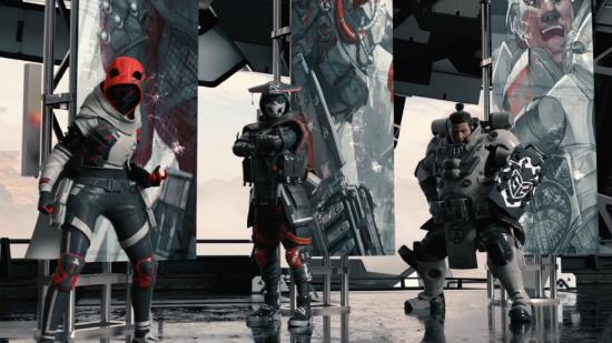 Wraith, Bloodhound, and Gibraltar wear G2's iconic black, red, and white livery