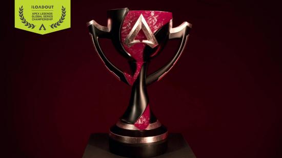 The red and silver Apex Legends Global Series Championship trophy against a dark red background