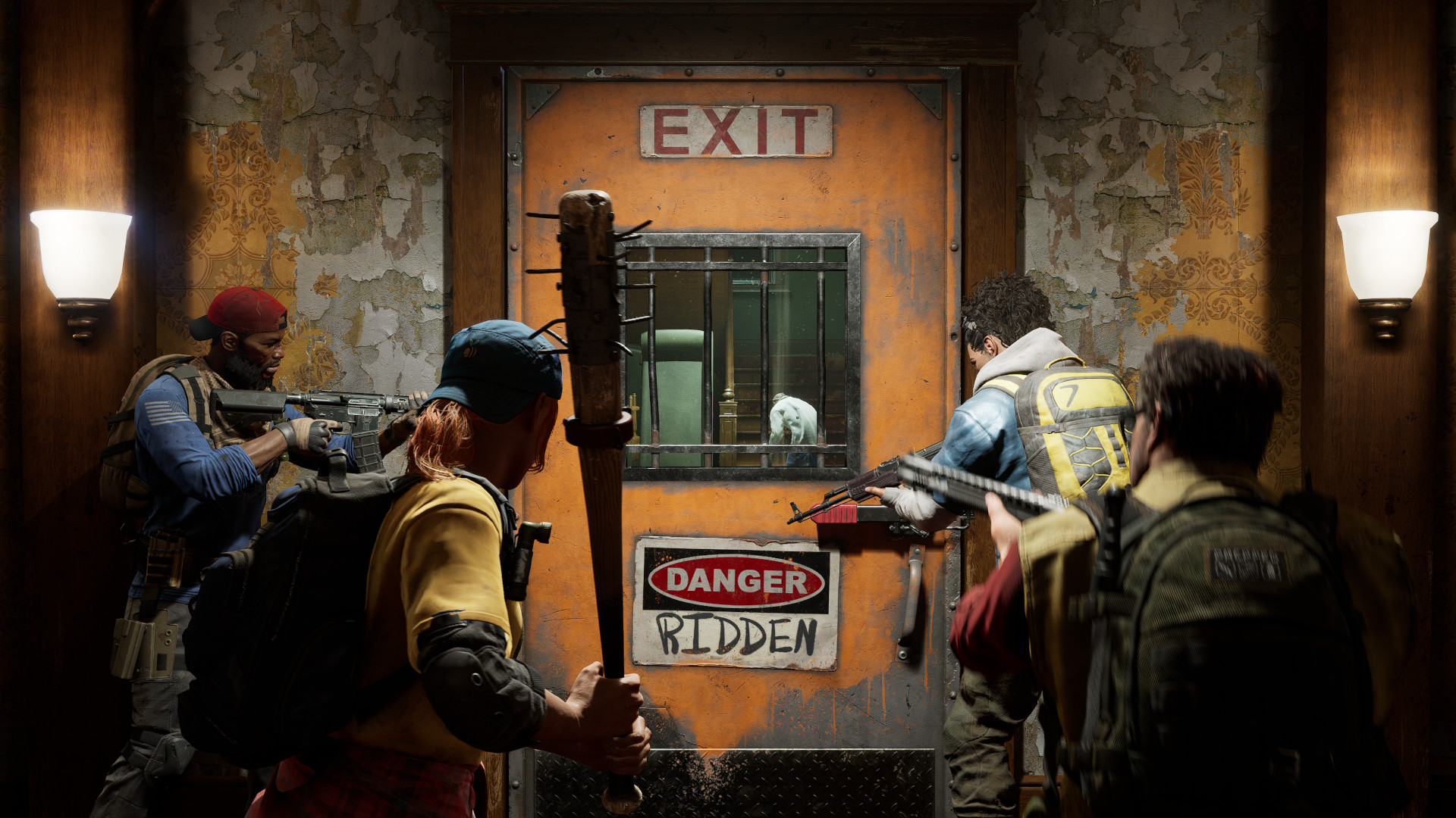 Back 4 Blood release date: Four characters with weapons at the ready huddled around a door with an 'exit' sign on it, warning of Ridden zombies.