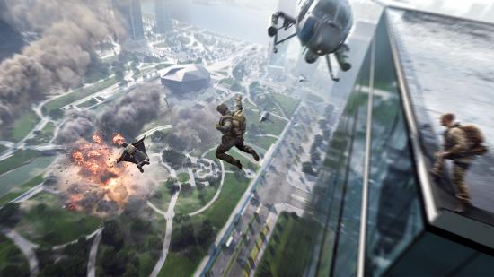 Battlefield 2042 maps: Soldiers leaping from a skyscraper towards a park as a helicopter flies near.