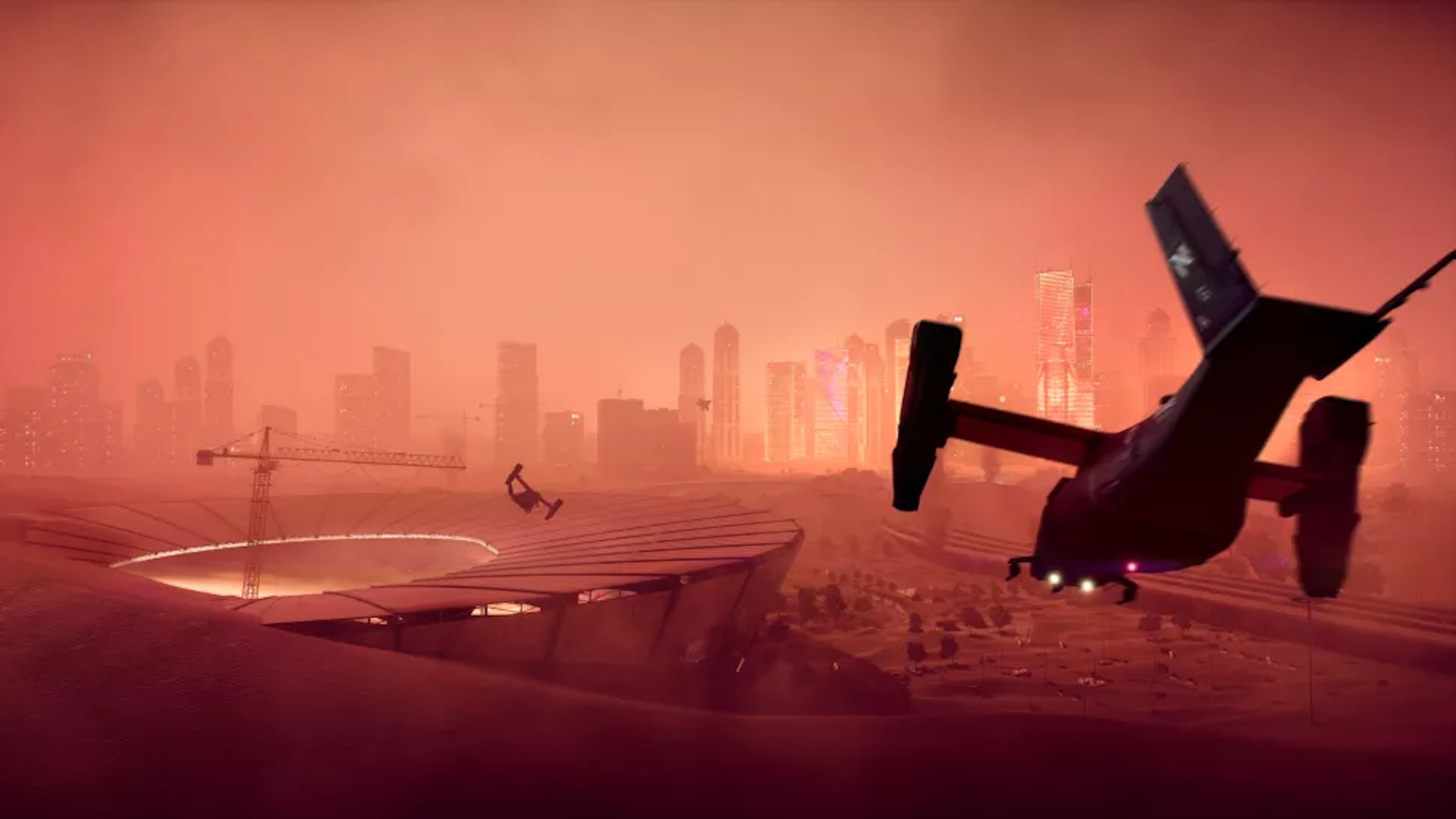 Battlefield 2042 maps: VTOLs flying into a city during a sandstorm.