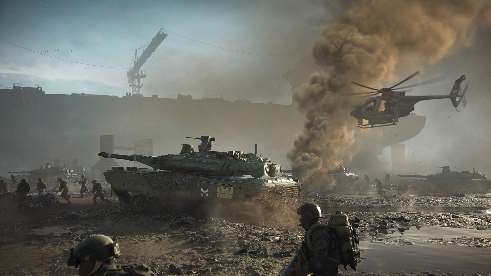 Battlefield 2042 release date: Soldiers, a tank, and a helicopter all moving towards the left through a battleground.