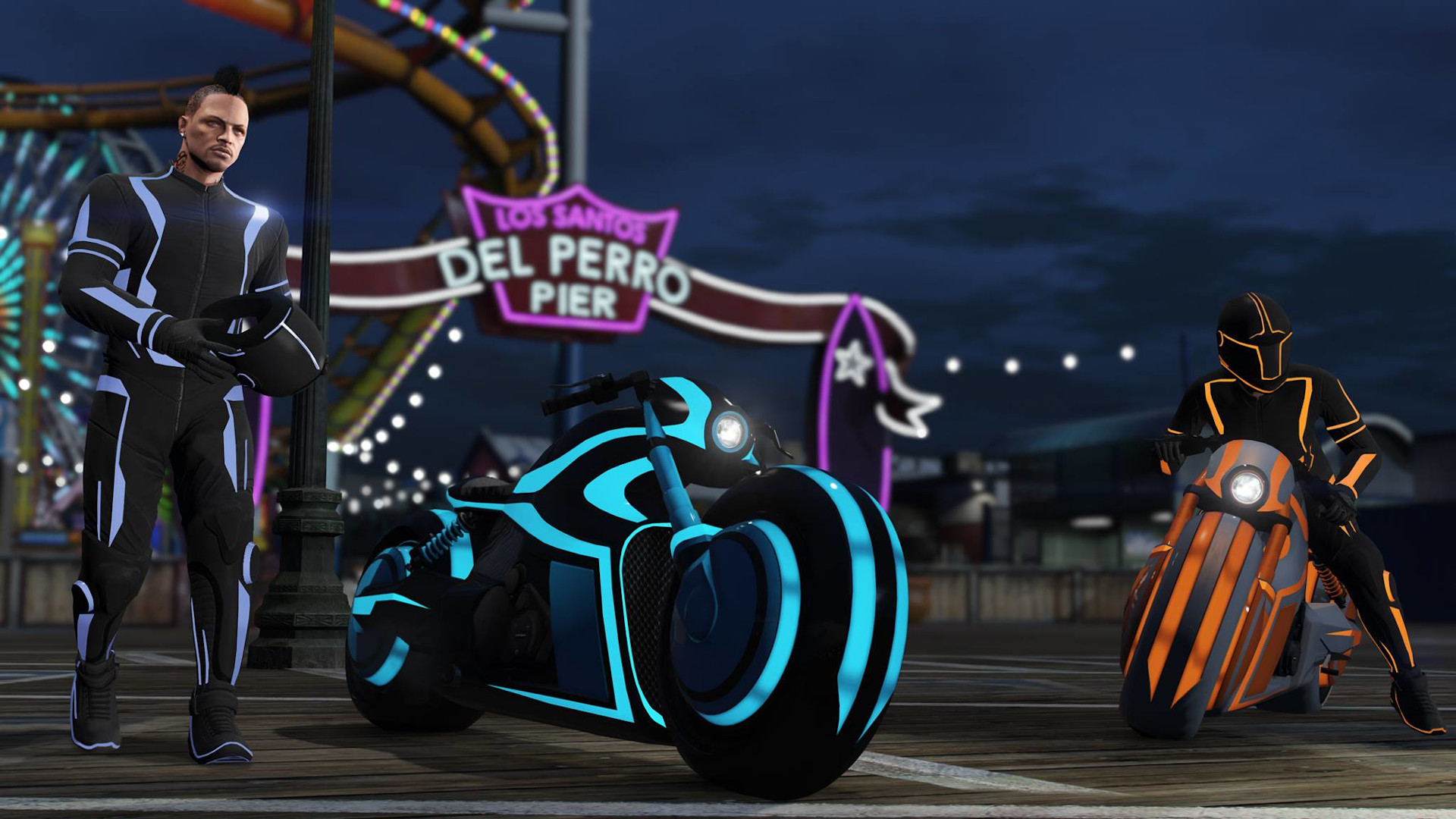 GTA Online fastest bikes: A player standing next to a blue Tron-like motorbike on the pier, with another player sat on an orange bike just behind.