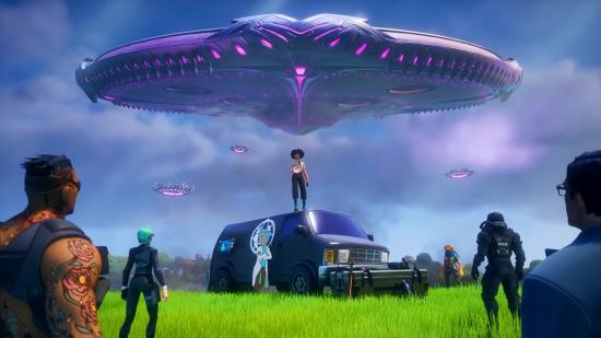 Fortnite characters gather round a black van with a female character standing on top of it. A huge UFO is in the background