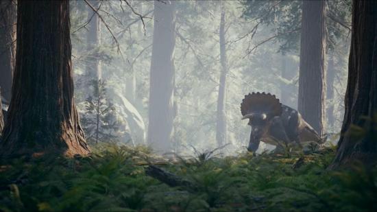 A triceratops wanders through a lush jungle in Instinction gameplay