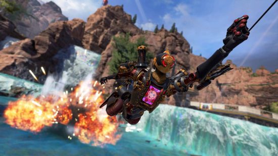 Games like Fortnite: Apex Legends. Image shows a character in quirky armour zipping along away from an explosion.