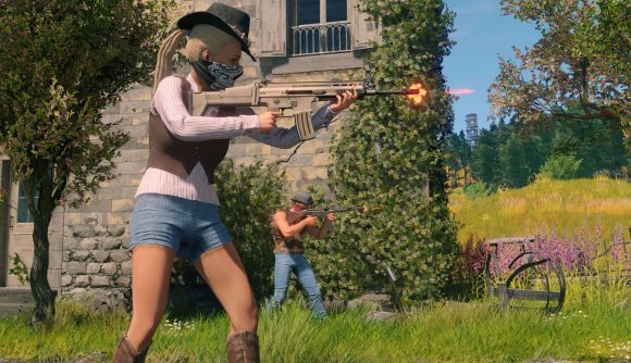 Games like Fortnite: CRSED F.O.A.D. image shows a woman firing a gun and wearing a hat.