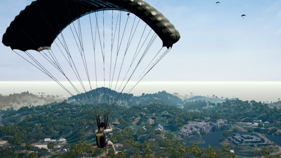 Games like Fortnite: PUBG. Image shows a character parachuting into a battle.