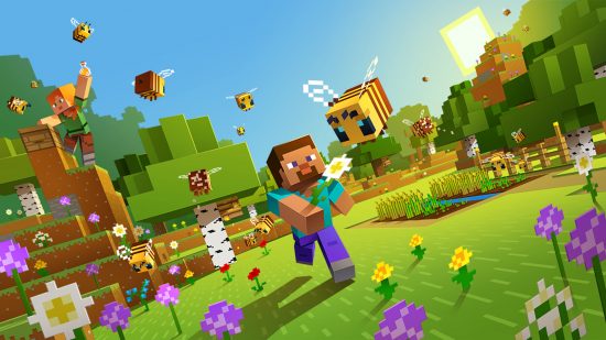 Games like Fortnite: Minecraft. Image shows Steve and Alex frolicking with bees.