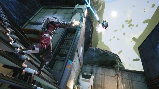 A character wearing a space-suit style outfit fires at an enemy floating high in the air