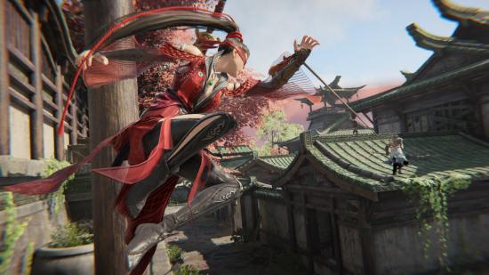A hero in Naraka Bladepoint grapple hooks her away across the rooves of ancient temples