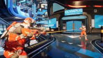 Two players in orange exo suits engage in a gun battle