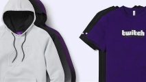 A white Twitch hoodie and purple Twitch t-shirt displayed side-by-side on a white background