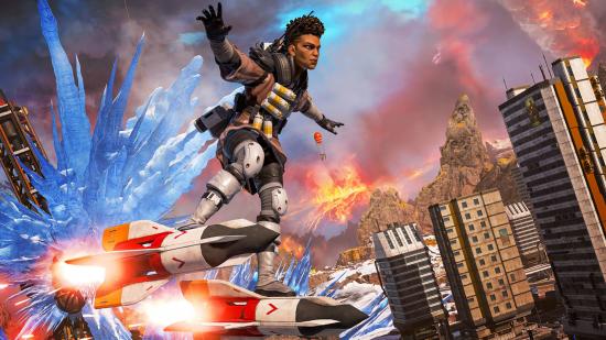 Bangalore riding two rockets way above the Apex Legends map