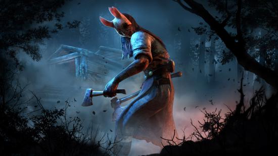 A creepy looking character in a bunny mask, brandishing an axe